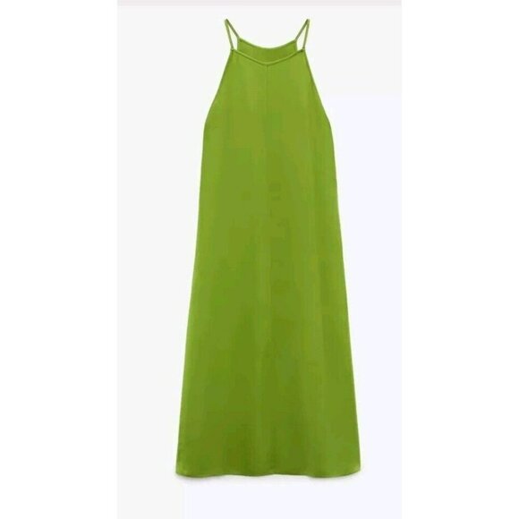 ZARA Dress WOMAN NWT EFFECT HALTER Spli Green 4437 080 Small 18" Ptp Viscose - Picture 7 of 9